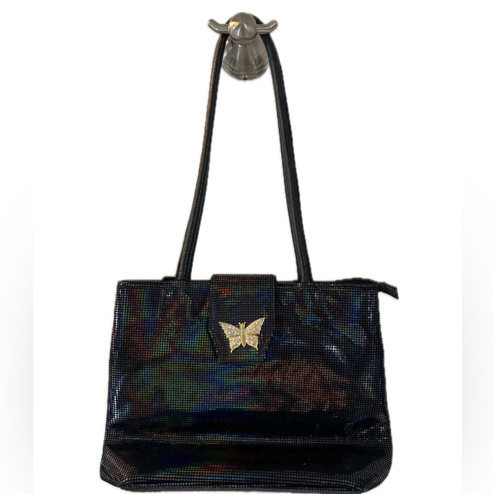 Elegant Black Shoulder Bag with Gold Butterfly Clasp